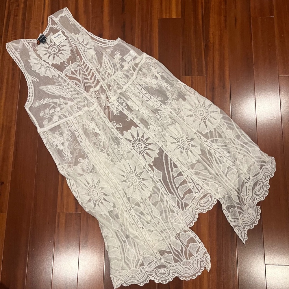 White Boho Lace Duster Vest Sleeveless Long Tunic Indigo Poppy New Size Medium
